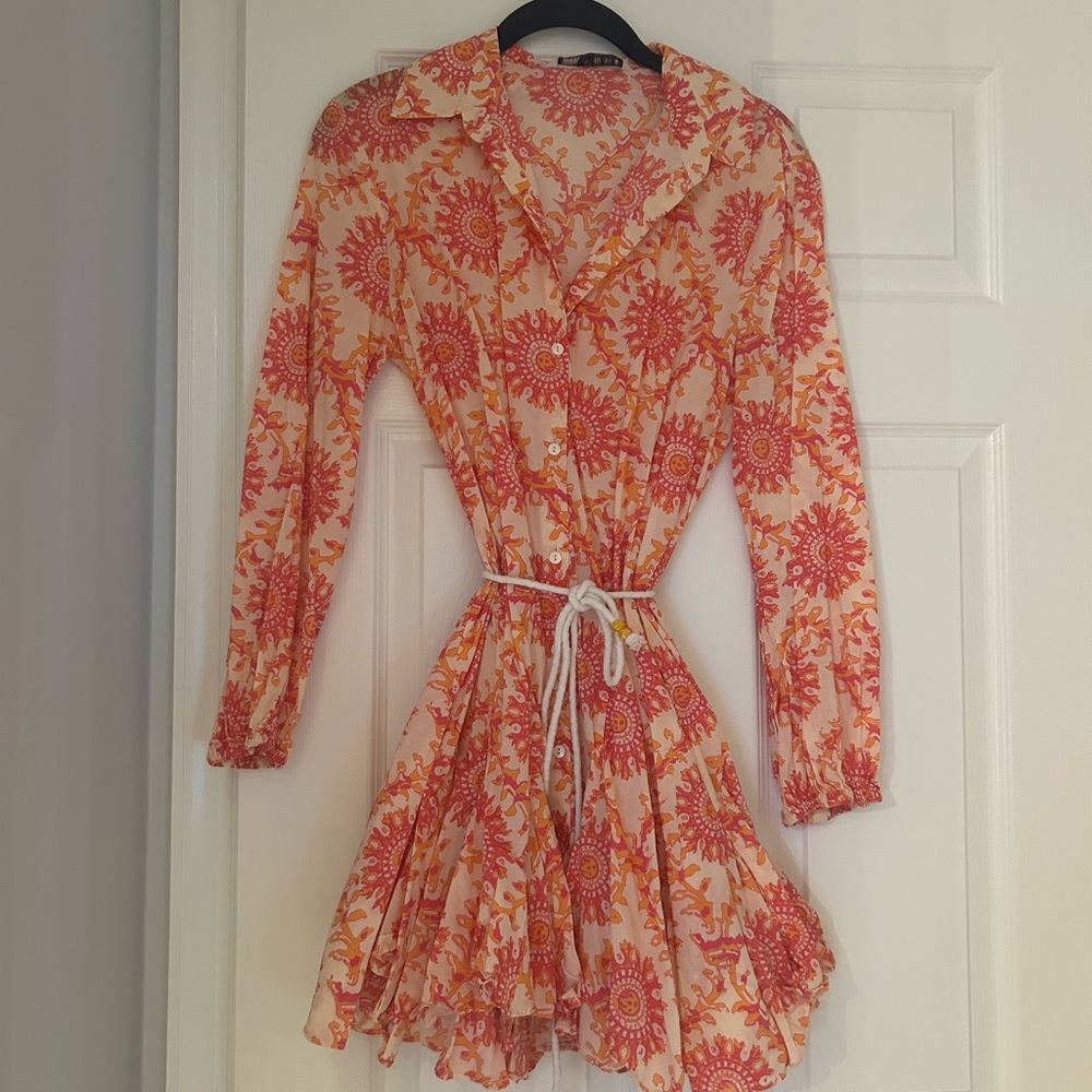 Zara orange pink pattern mini dress with rope belt